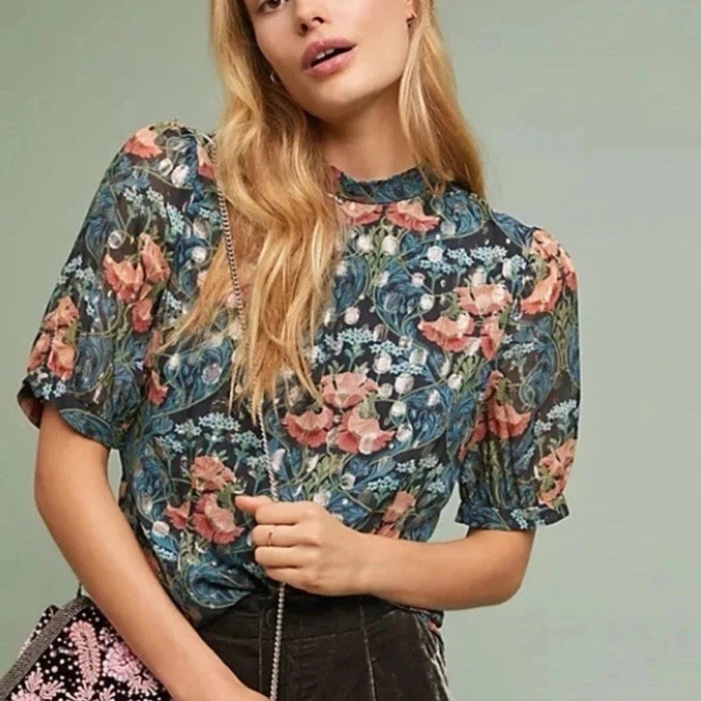 Anthropologie Meadow Rue Basilique Top Black Floral Chiffon Metallic Size 6